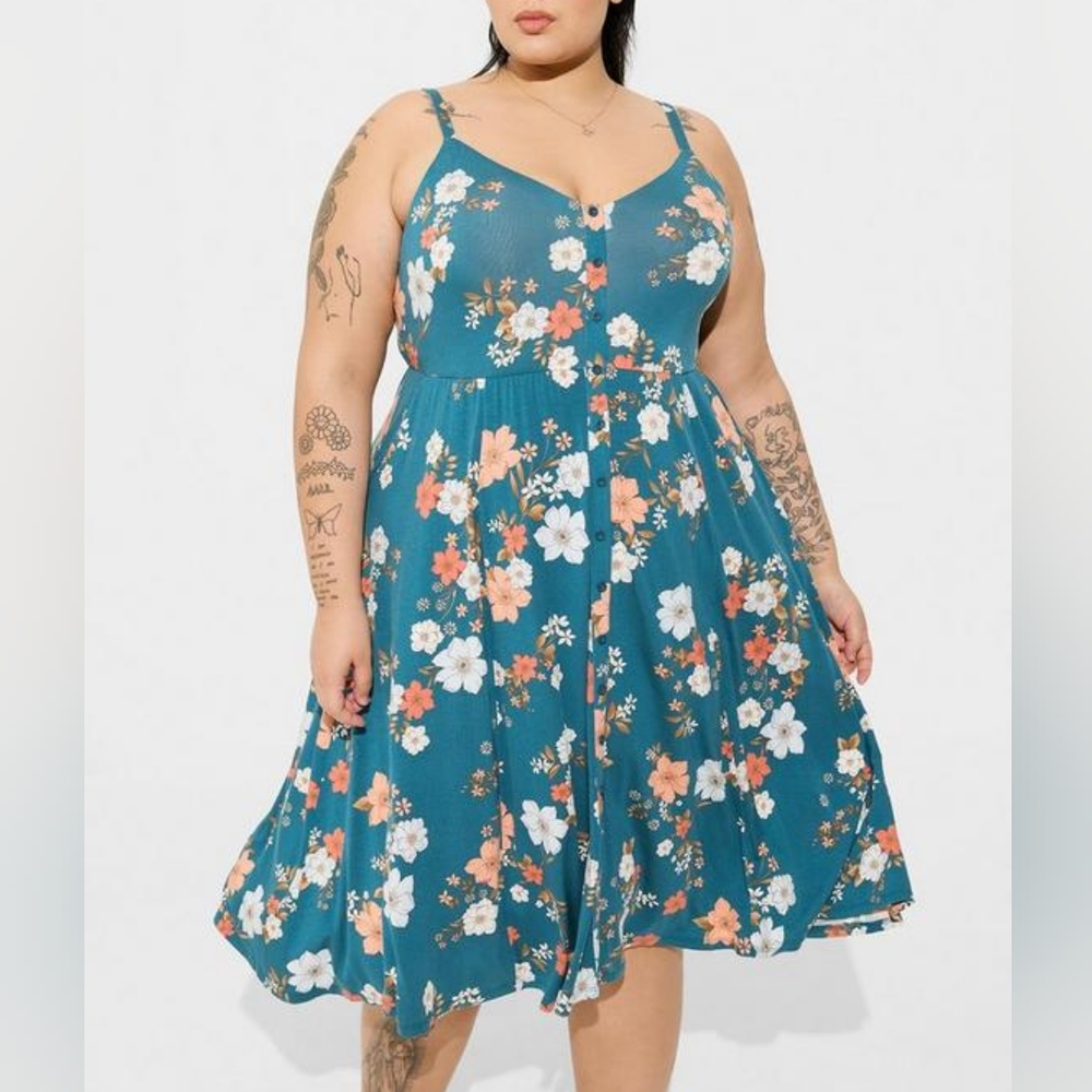 Torrid Midi Super Soft Button-Front Skater Dress, Nolie Floral, Size 3x